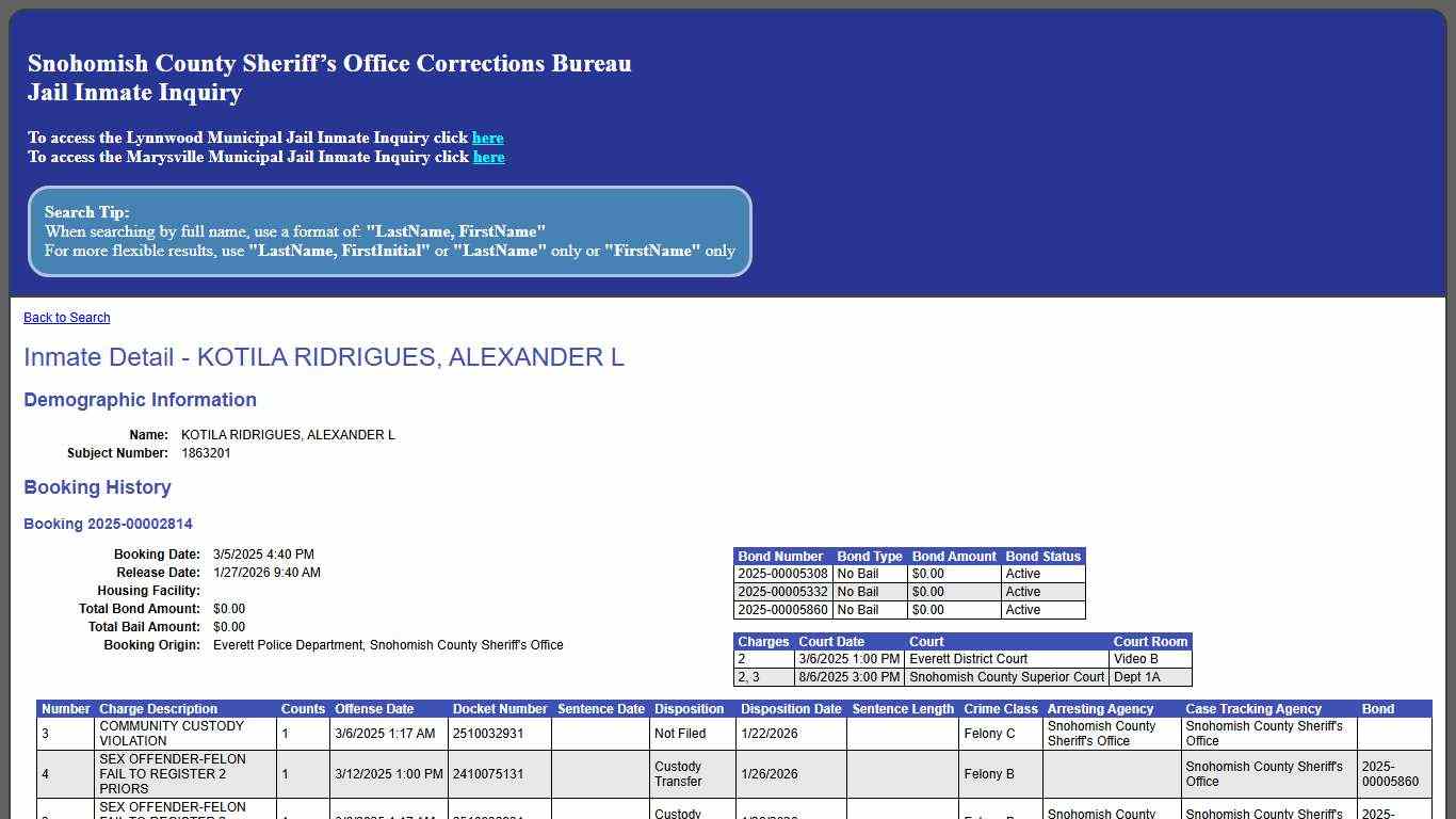 Inmate Detail - KOTILA RIDRIGUES, ALEXANDER L