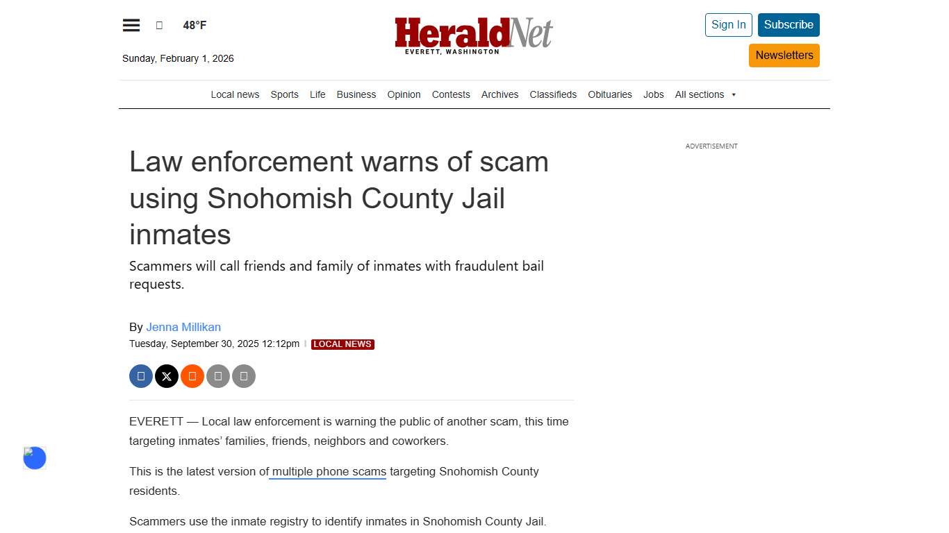 Law enforcement warns of scam using Snohomish County Jail inmates HeraldNet.com